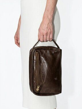 VINTAGE LEATHER TRAVEL POUCH BROWN ZIPPERED TOILETRY BAG WOMAN'S